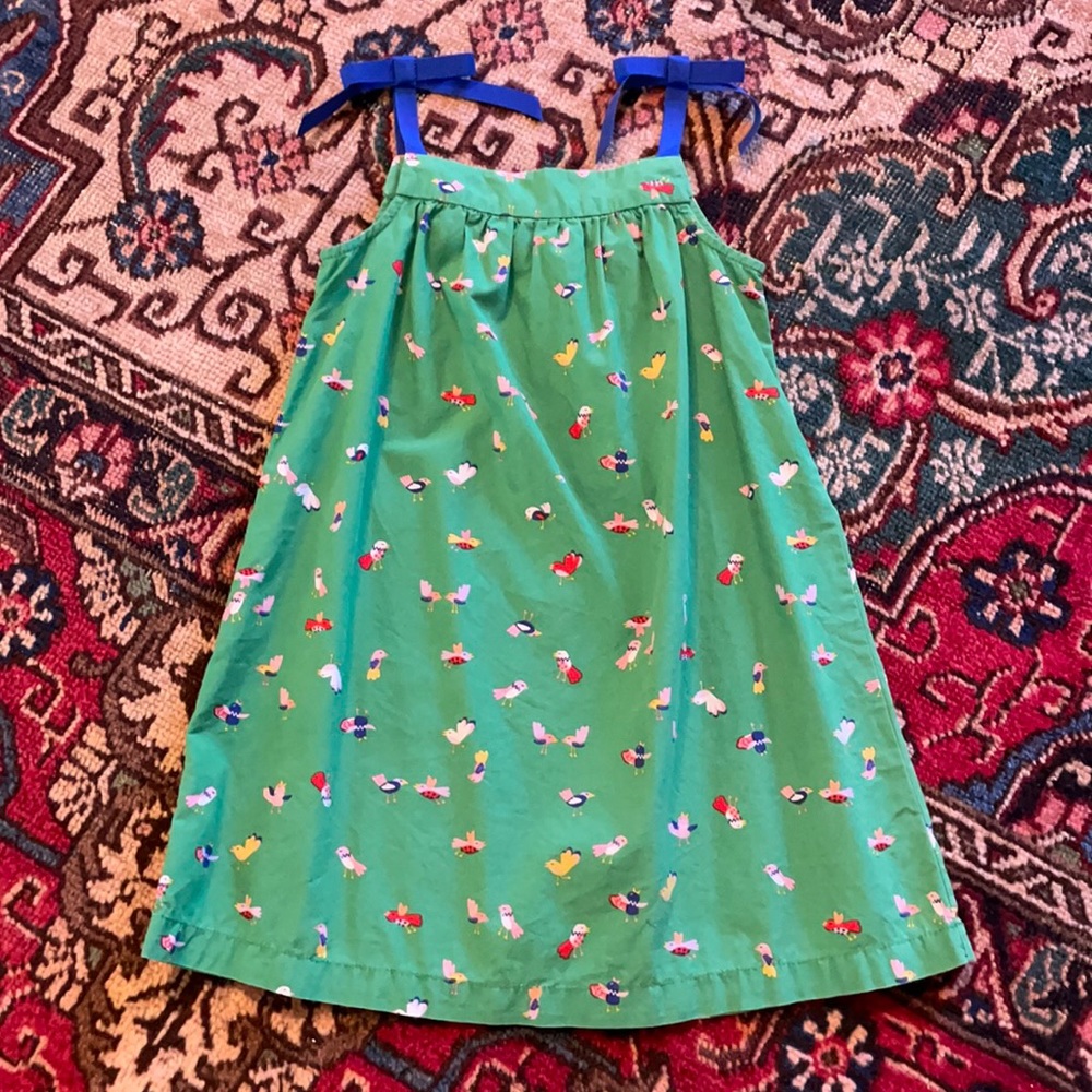 Hanna Andersson green bird dress with permanently bowed straps